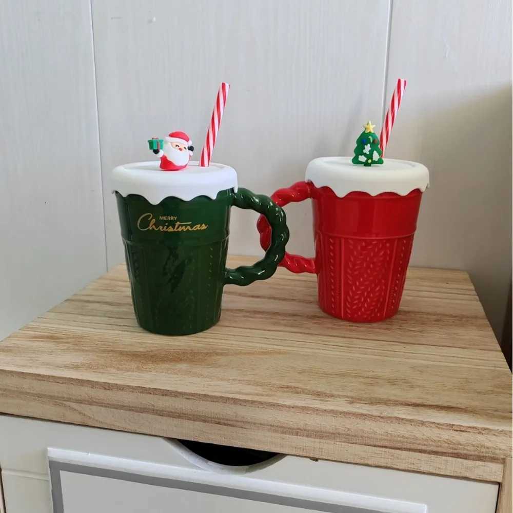 Christmas New Design Creative Christmas Mug Holiday Gifts Ceramic Couple Cups With Straw Lid Ceramic Cups Office Home Y251112