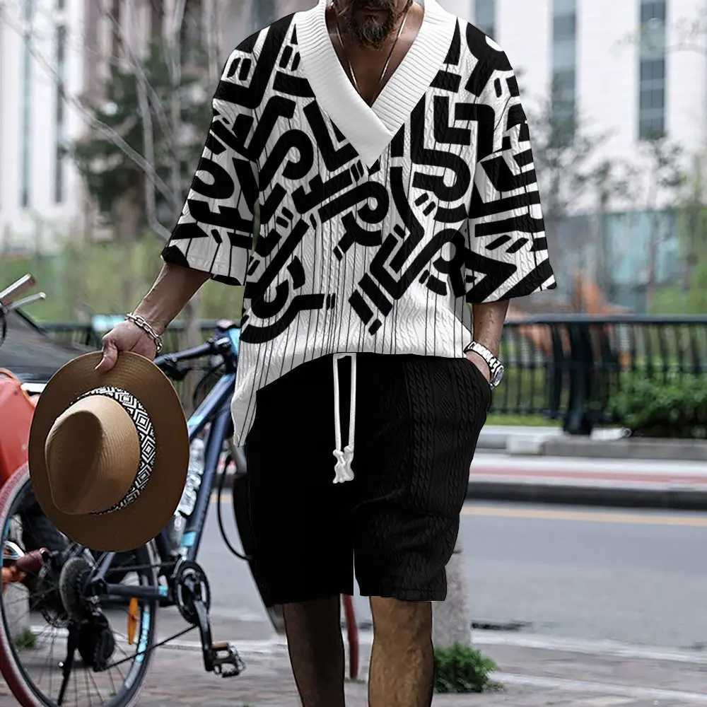 Mens summer loose short sleeved T-shirt V-neck sports set two-piece setXJ250412