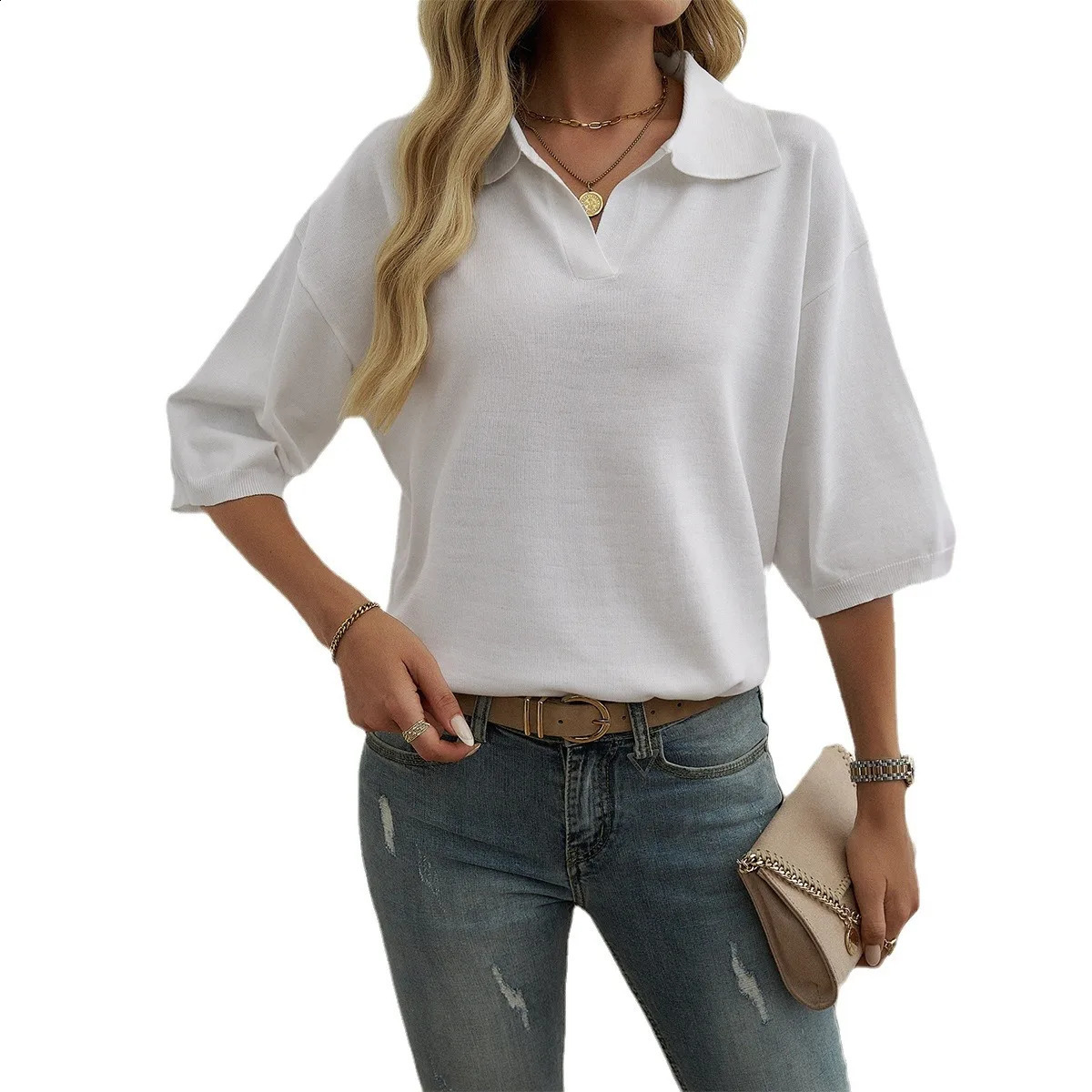 T-shirts For Women Spring Summer Ladys Polo Shirt Solid Color Female Short Sleeve Tops Womens Knit Pullovers Womens Tees 250411