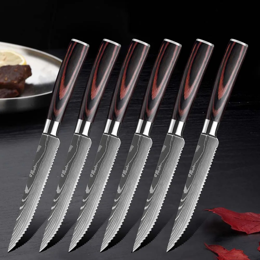 3/6/8 Pcs Steak Knives Set Damascus Stainless Steel Cleaver Slicing Knife Wood Handle Outdoor BBQ Picnic Meat Cutter 250410