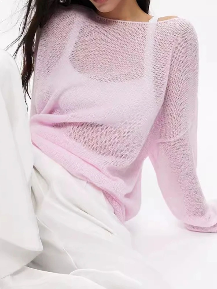 Spring Summer Hollow Knitted Oversized Sweater T Shirt Round Neck Long Sleeves Tops Loose Elegant Pullover for Women Clothing 250411