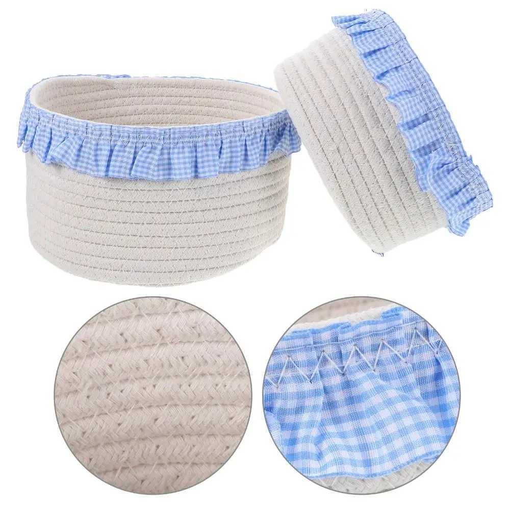 Trendy Blue Sundries Storage Baskets Hand-woven INS Lace Snacks Basket Cotton Rope Cute Storage Bins Bedro Y251112