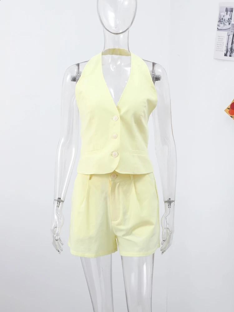Lemon-yellow Women Halter Vest Short Suit V-neck Single Breasted Sleeve Tops Loose Waist Pockets Sets Female Lady Beachwear 250411