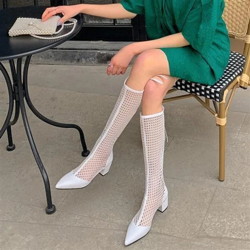 Summer Style Womens Long Boots Pointed Toe Hollow Out Boots Ins Thick Heel High Shaft Slippers Rubber Sole China Made 250411