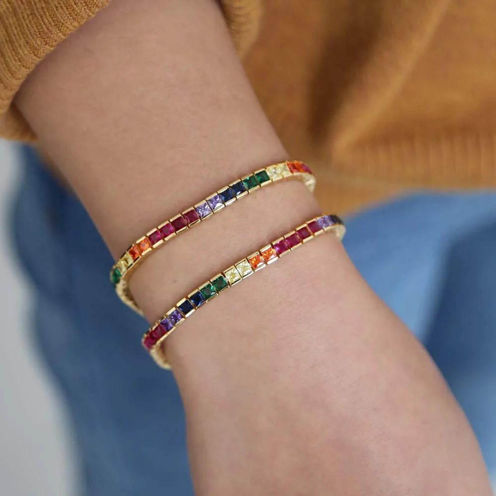 Fashionable and shiny CZ fine fashion bracelet rainbow colored square CZ tennis chain womens fashion bracelet 17cm 250409