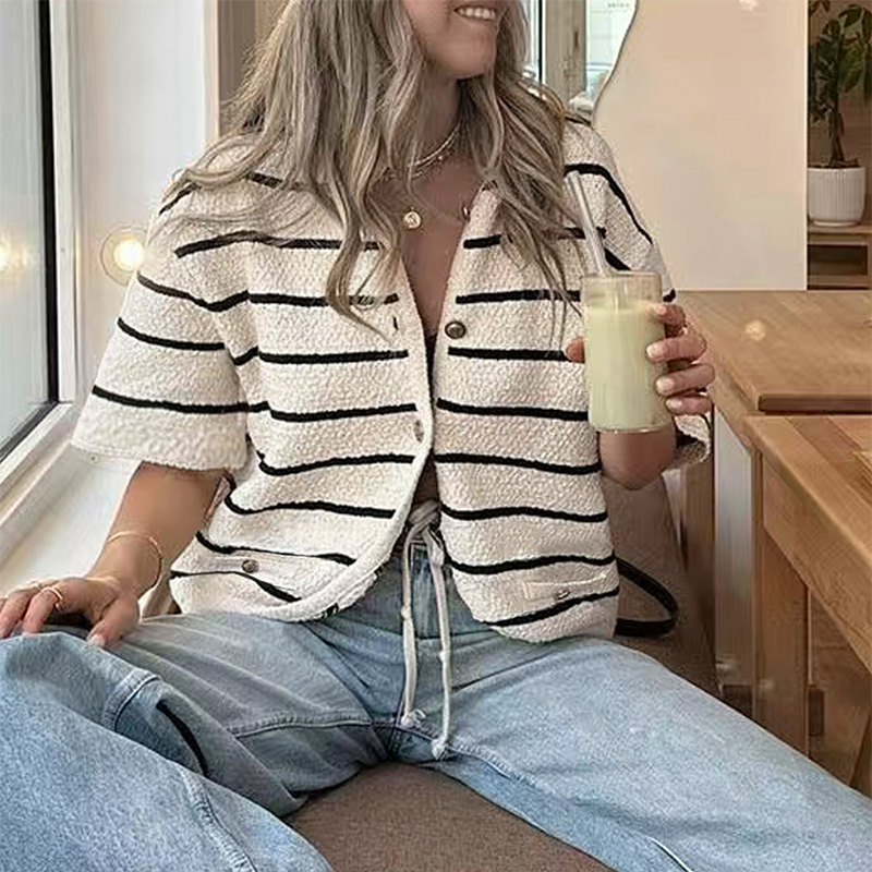 Valentine's Day Spring Summer Women's two-tone splicing striped casual vacation sweater top cardigan retro metal buckle design comfortable f