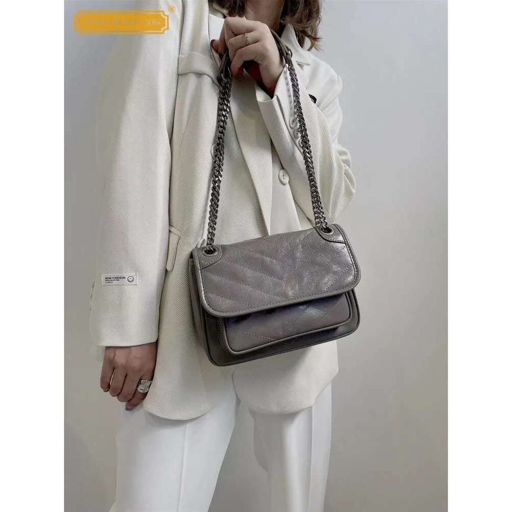 Vintage Women Chain Strap Messenger Oil Wax Cow Leather Shoulder Bag Autumn New Office Ladies Work Crossbody Bags Satchels