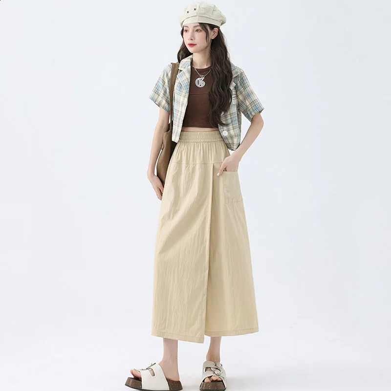 Harajuku Womens Wide Leg Pants Casual Elastic High Waist Pocket Leather Pants Womens Summer Solid Leg Pants 250408