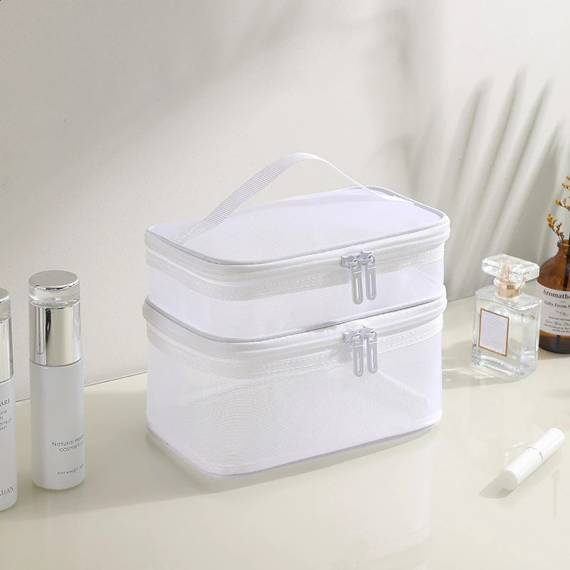 Grey double-layer mesh makeup bag womens portable makeup box large capacity travel zipper makeup organizer makeup box 250410