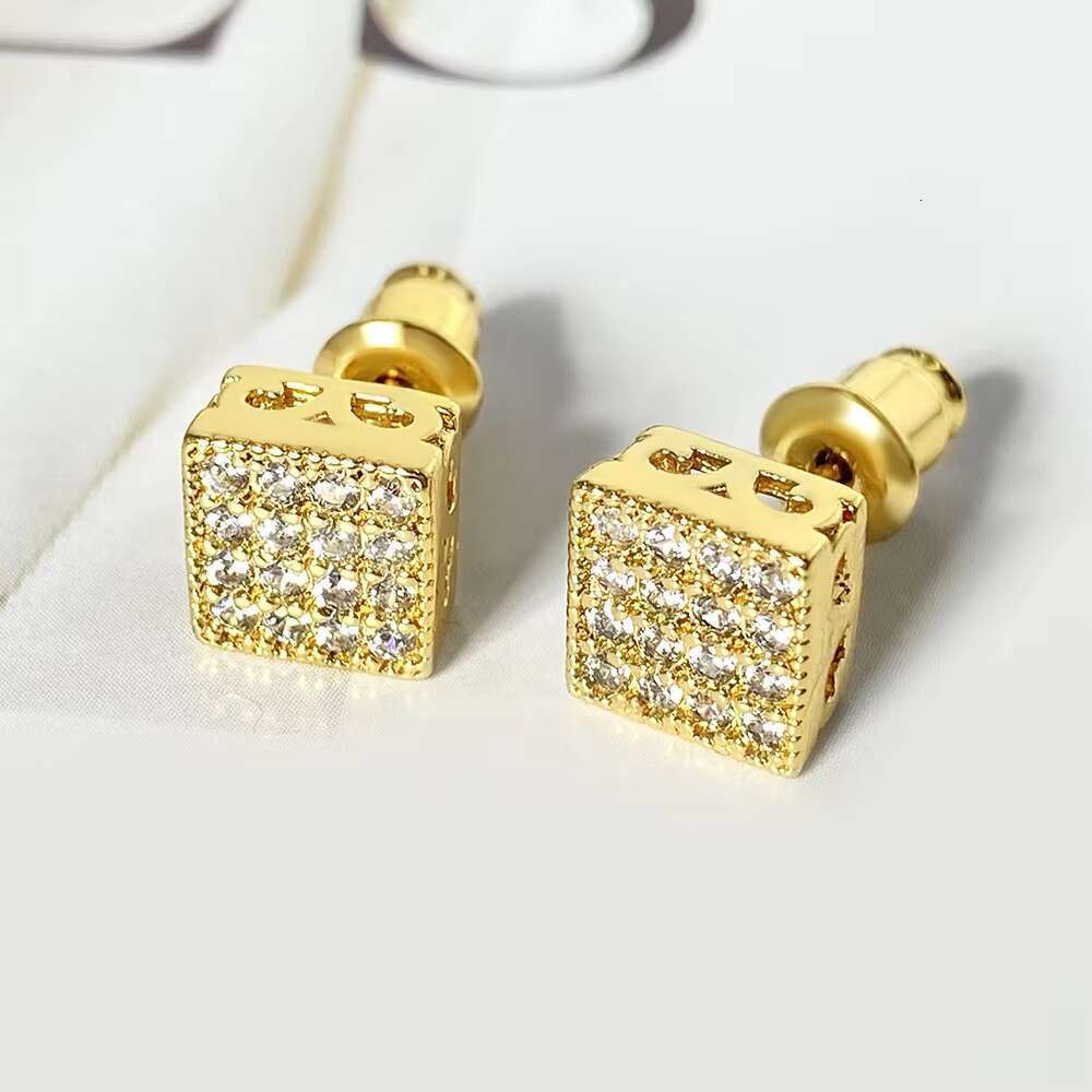 Korean square Shape Sier Zircon Cz Pave Setting Gold Plated Stud Earrings for Women