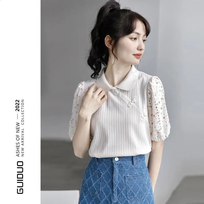 Puff Sleeve Polo Shirt Chinese Top Womens Short-sleeved n Niche Splicing Versatile Shirt 250411