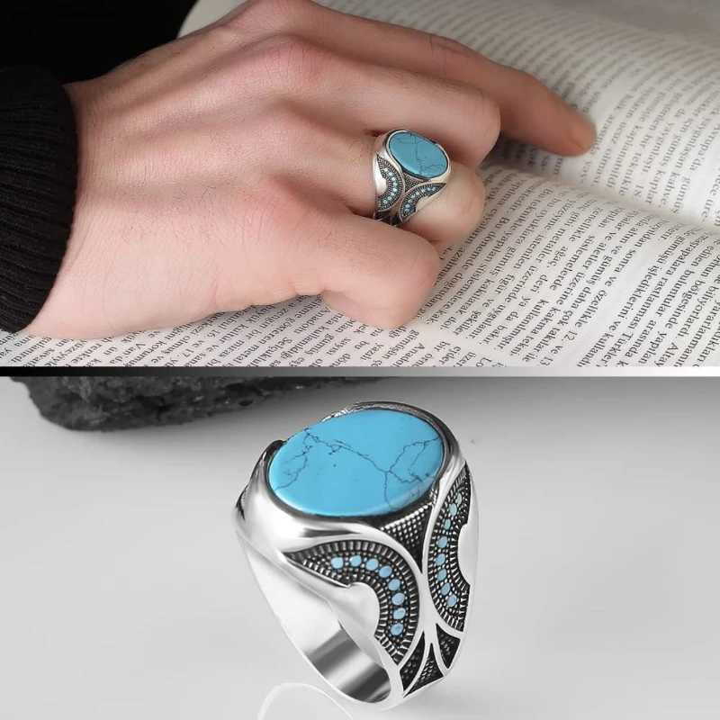 Fashionable retro turquoise mens business ringXJ250412