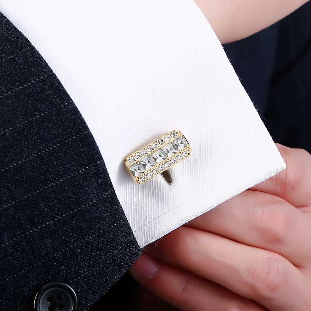 High quality white rhinestone set French shirt gold cufflinks mens wedding grooms buttons fathers business discount jewelryT250412