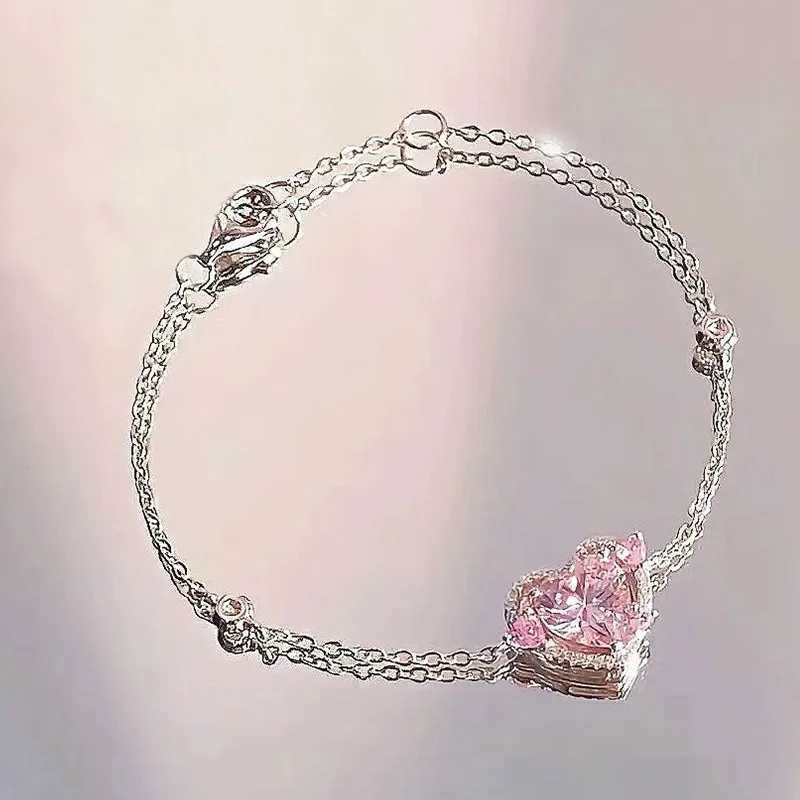 Women Fashion Delicate Pink Crystal Heart Bracelet Y2K Girls Fairy Rhinestone Elegant Adjustable Bracelet Party Jewelry GiftsC250411