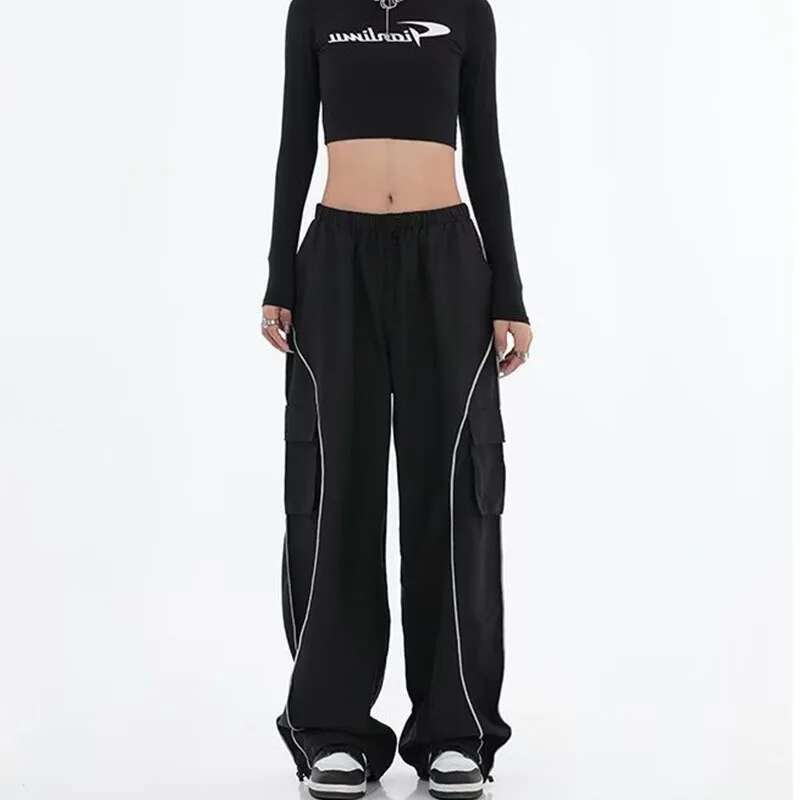New Fashionable Drawstring Loose Y2k Work Women's Mid Waist Sports Retro Street Pocket Wide Leg Jogging Pants