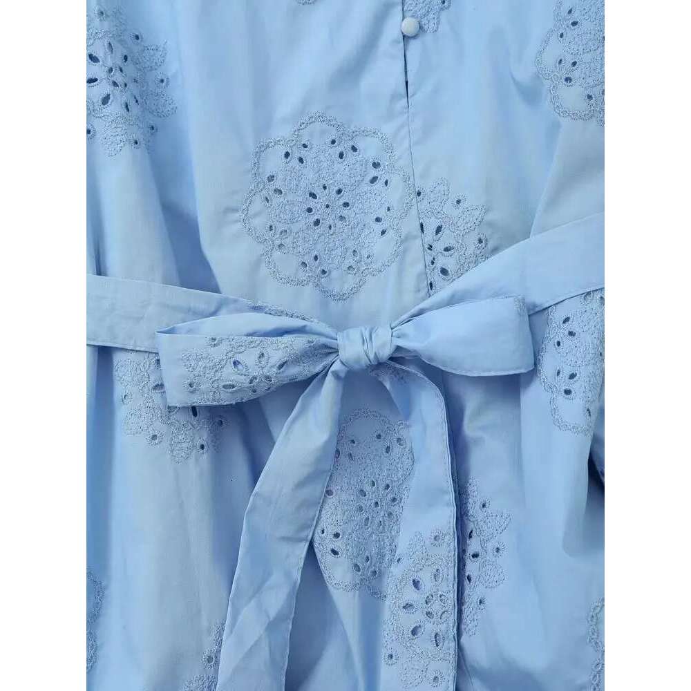 European And American Style Spring New Hollow Embroidery With Belt Long Sleeve Dress