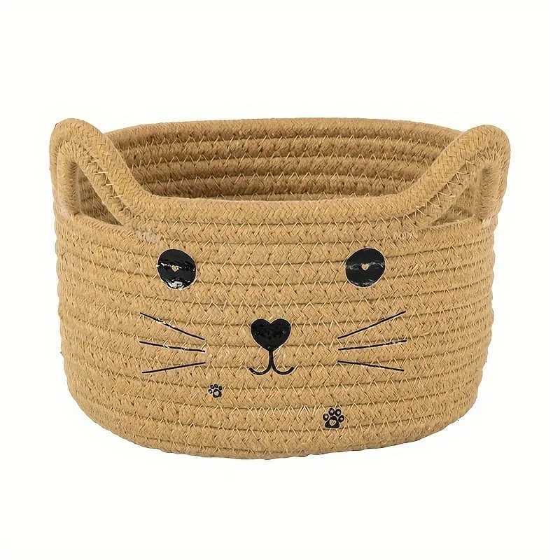 Cat Face Woven Cotton Storage Basket Toys Clothes s Pet Supplies Organizer Storage Living Ro Bedro He Organization Y251112