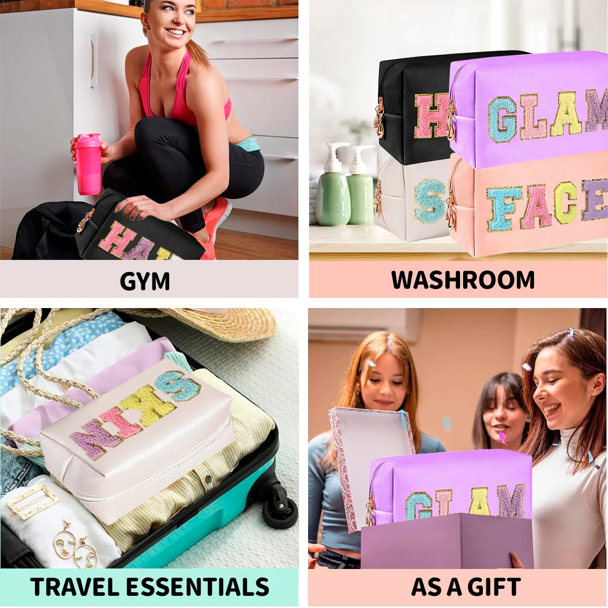Chenille Letter Cosmetic Bag PU Leather Waterproof Pouch Cute Zipper Organizer Skin Hair Face and Glam.-zmt 250407