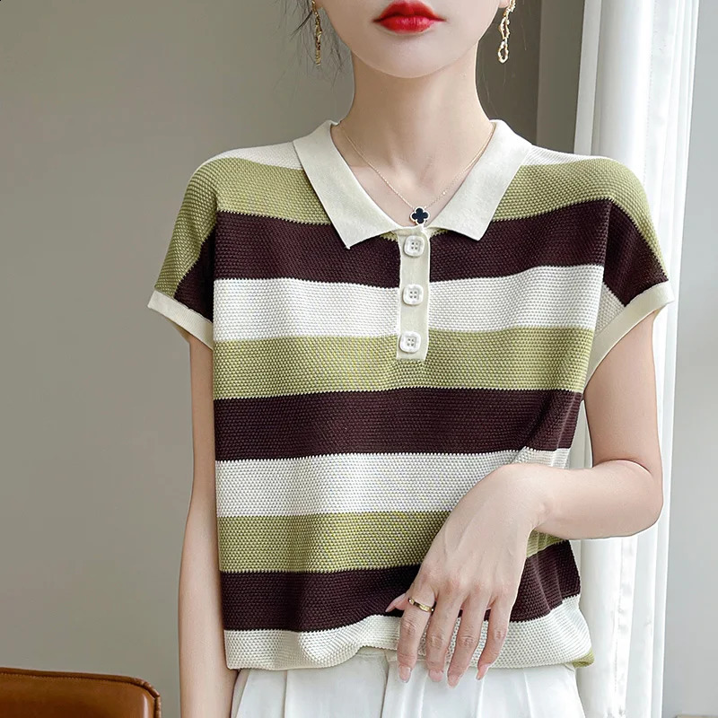 Summer Thin Short-sleeved Womens POLO Neck Knitwear Button Contrast Loose Half Sleeve T-shirt 250411