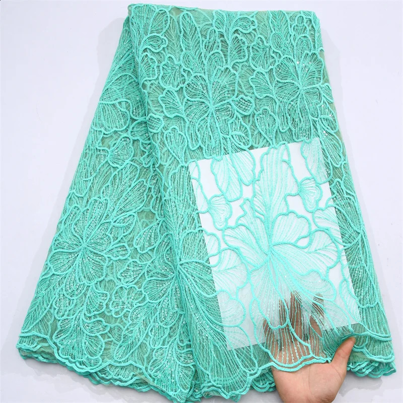 African Milk Silk Mesh Lace with Sequins 2025 French Net Lace Fabric Sewing Embroidered Lace Tulle Nigerian Women Wedding Dress 250407