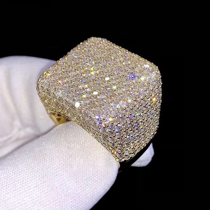 Hip Hop Jewelry Luxury 14K Gold Plated Solid 925 Sterling Silver Iced Out Paved VVS Moissanite Diamond Ring for Men Women Party