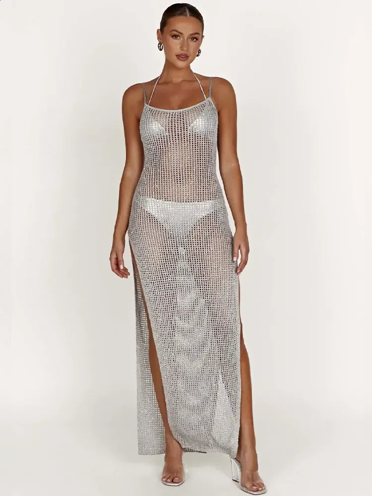 Sexy Backless Hollow Out High Slit Knitted Sleeveless Mesh Beach Maxi Dress Summer Woman Beachwear Swimsuit Cover-ups A2629 250411