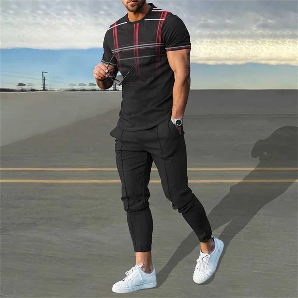 Mens sportswear set 2-piece short sleeved T-shirt+sweatpants set mens streetwear retro sportswearXJ250412