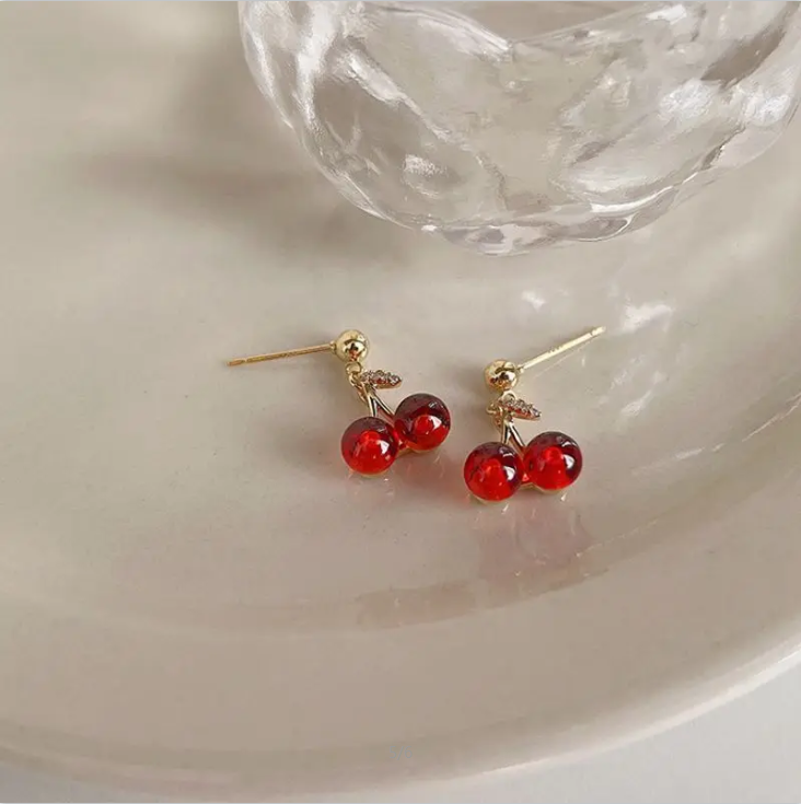 Two piece cherry themed jewelry set for women, including necklace and earrings