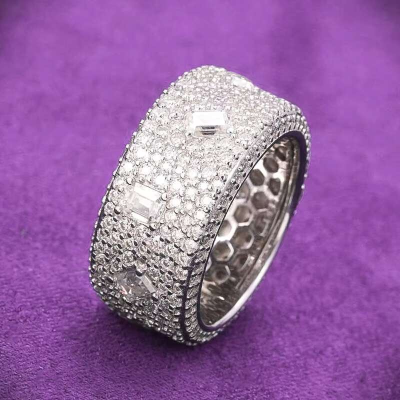 GRA Hip Hop Iced Out Bling 925 Sterling Silver Pass Diamond Tester VVS Moissanite 7 Rows Emerald Cut Ring for Men Women Gift