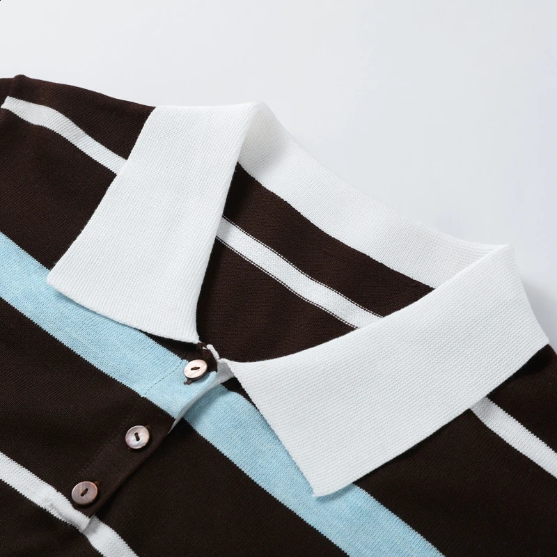 Fashion Stripe Knitted Polo Shirt for Women Casual Female Lapel Long Sleeve T-Shirt Spring Loose Lady Polo Collar Knitting Tops 250411