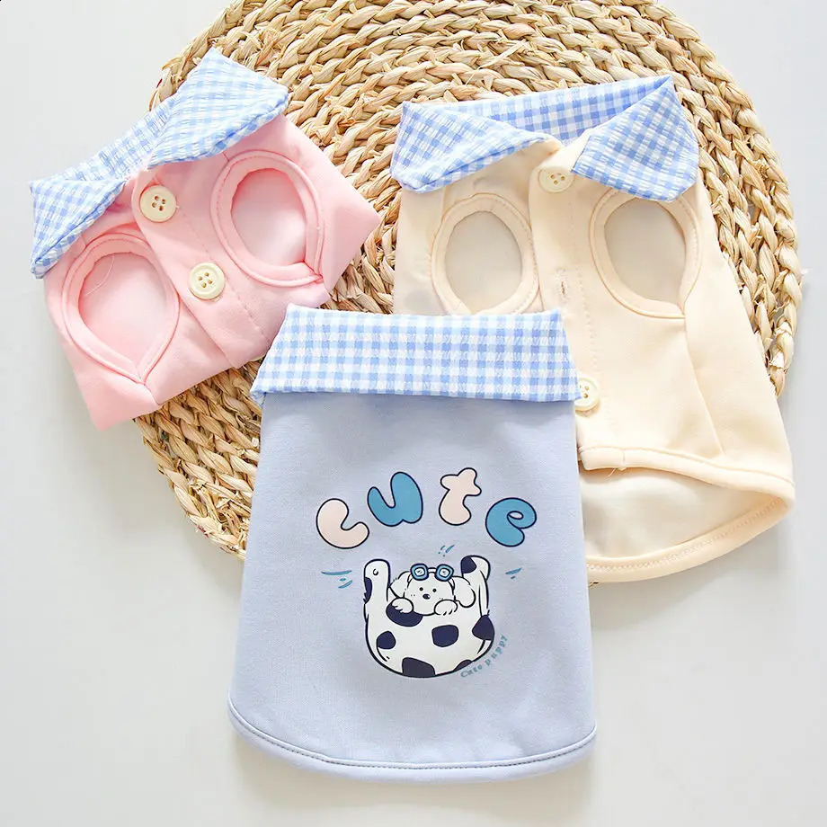 Spring and summer cute little dog cartoon print plaid collar cardigan princess style cat and dog clothes smaller than Xiong 250407