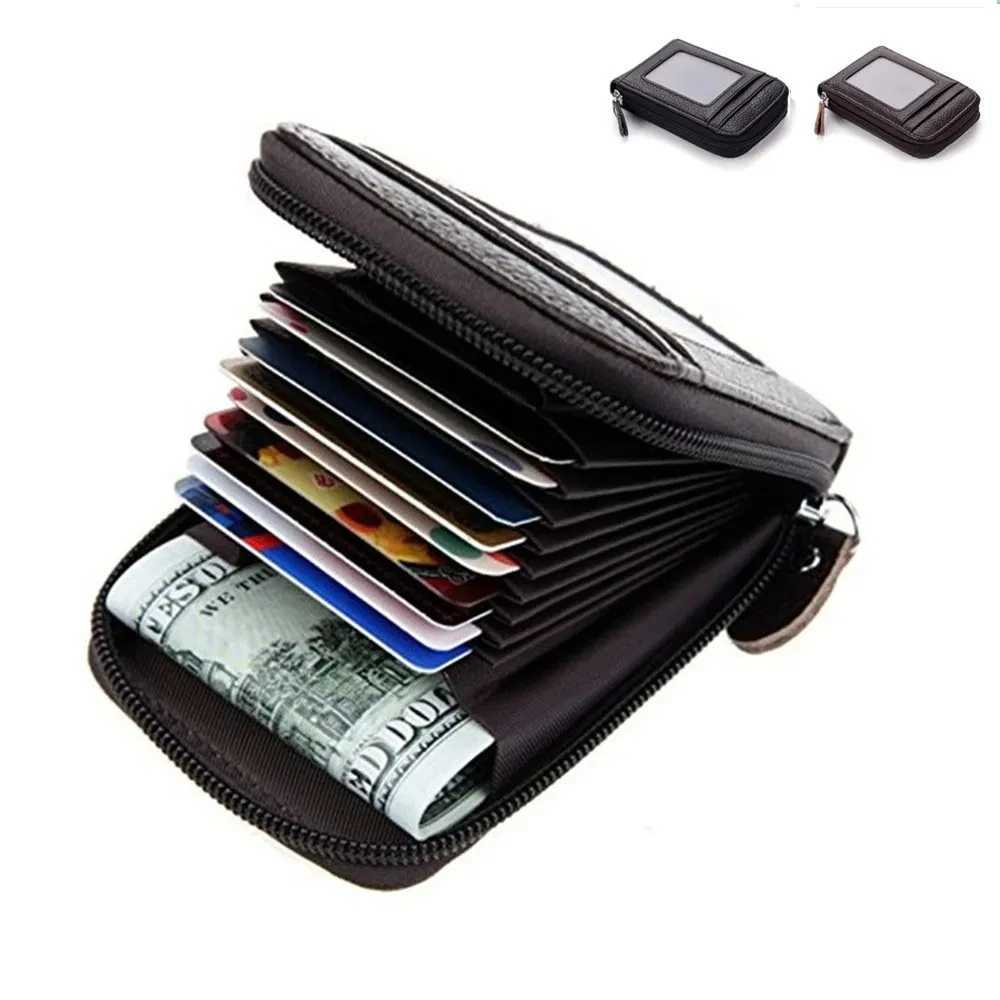 2024 New Genuine Leather Mens Wallet Card Holder RFID Blocked Zipper Money Bag Card Protection Box Pocket Wallet Z250411