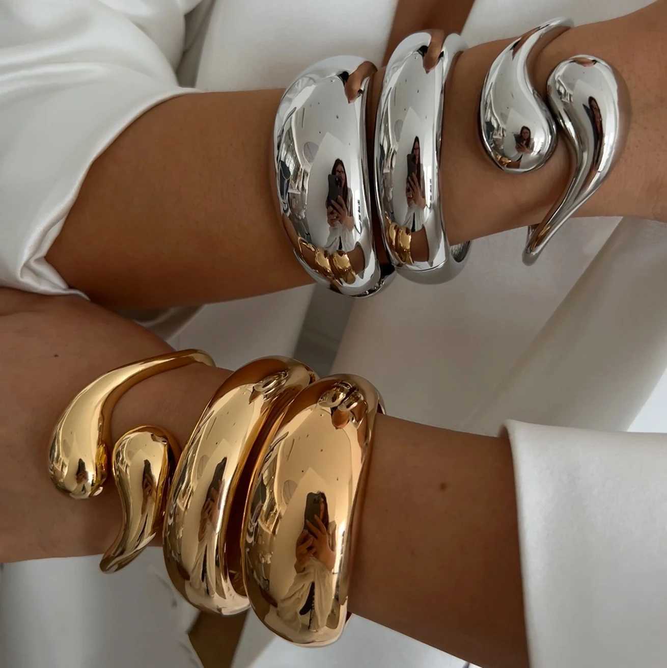 Ingemark Creative Punk Smooth Water Drop Open Bangles for Women Hip Hop Gold Color Geometric Spring Bracelet Men Jewelry GiftC250411