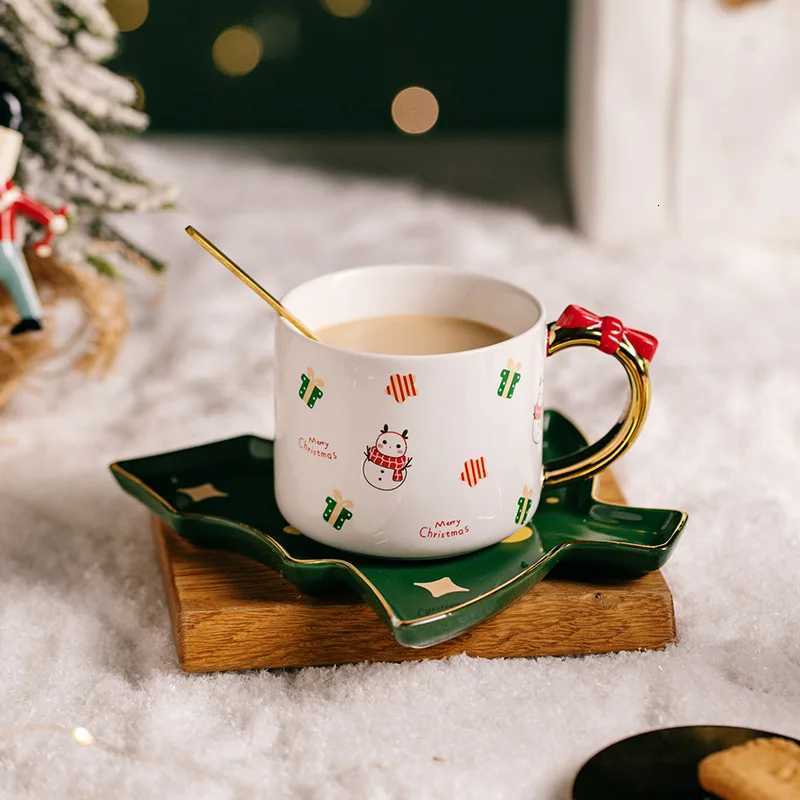 Christmas Style Ceramic Coffee Cup and Saucer Creative Cute Christmas Trees Saucer Christmas Elements Coffee Cup gift box H251112
