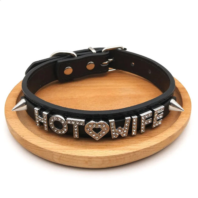 Punk rivet rhinestone letter wife necklace female girl sexy intimate leather necklace role-playing jewelry gift 250409