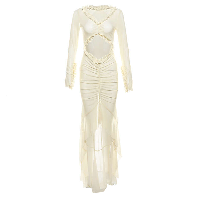 Women's Wear Summer Women's Wear New Product V-Neck Perspective Sexy L Hollow Ruffle Lace Slim Fit Dress