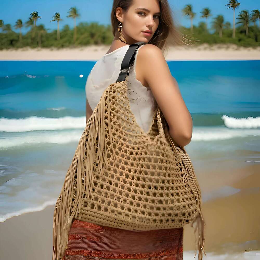 2025 New Designer Tote Bag For Women - Bohemian Style Waterproof Nylon Purse With Detachable Tassels, Multi-Pocket Beach