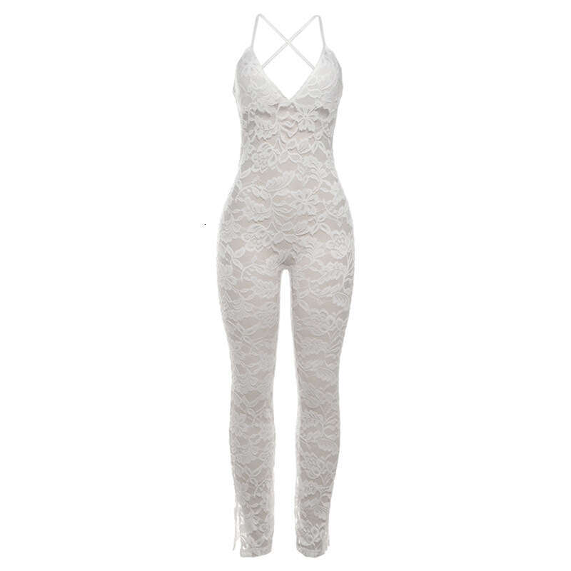 Women's Wear Wind Summer Women's New Fashionable And Sexy Deep V Strap, Bareback Lace Perspective Tight Jumpsuit