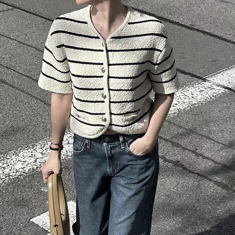 Valentine's Day Spring Summer Women's two-tone splicing striped casual vacation sweater top cardigan retro metal buckle design comfortable f