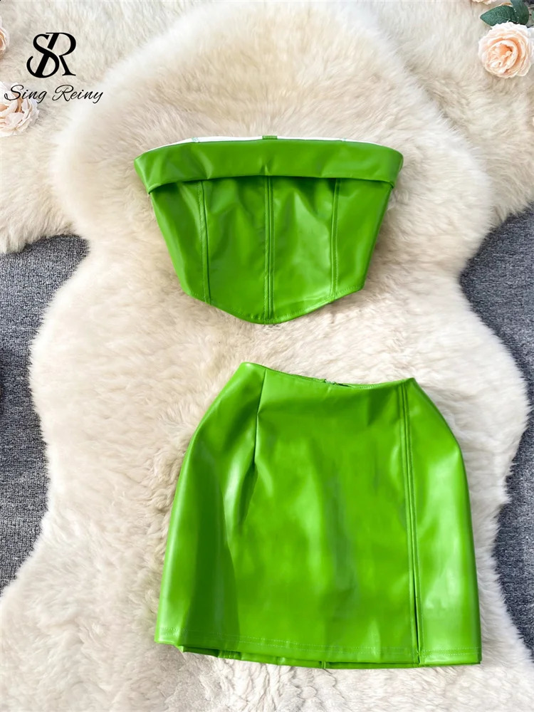 SINGREINY sweet Leather Suits for Women Strapless Mini Camis Zip Bodycon Skirt Slim High Street Fashion Sexy Two Pieces Suit 250411