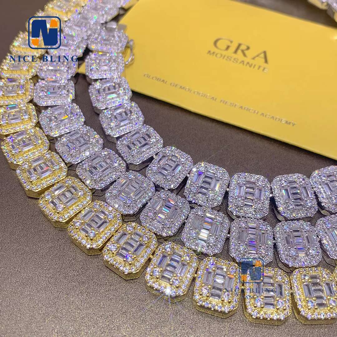 Full Moissanite Diamonds 925 Sterling Silver Cuban Link Necklace VVS baguette Moissanite Iced Out Jewelry