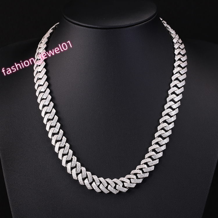 Wholesale Silver 925 Wide 15mm 3 Rows Plated White Gold Cuban Necklace with GRA D/VVS Moissanite