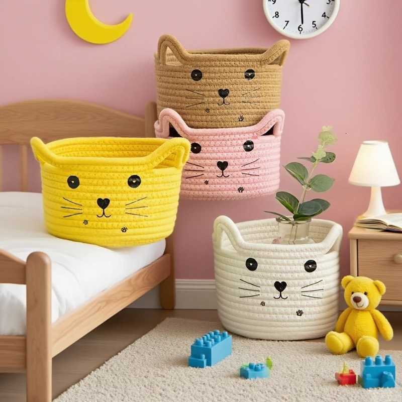 Cat Face Woven Cotton Storage Basket Toys Clothes s Pet Supplies Organizer Storage Living Ro Bedro He Organization Y251112