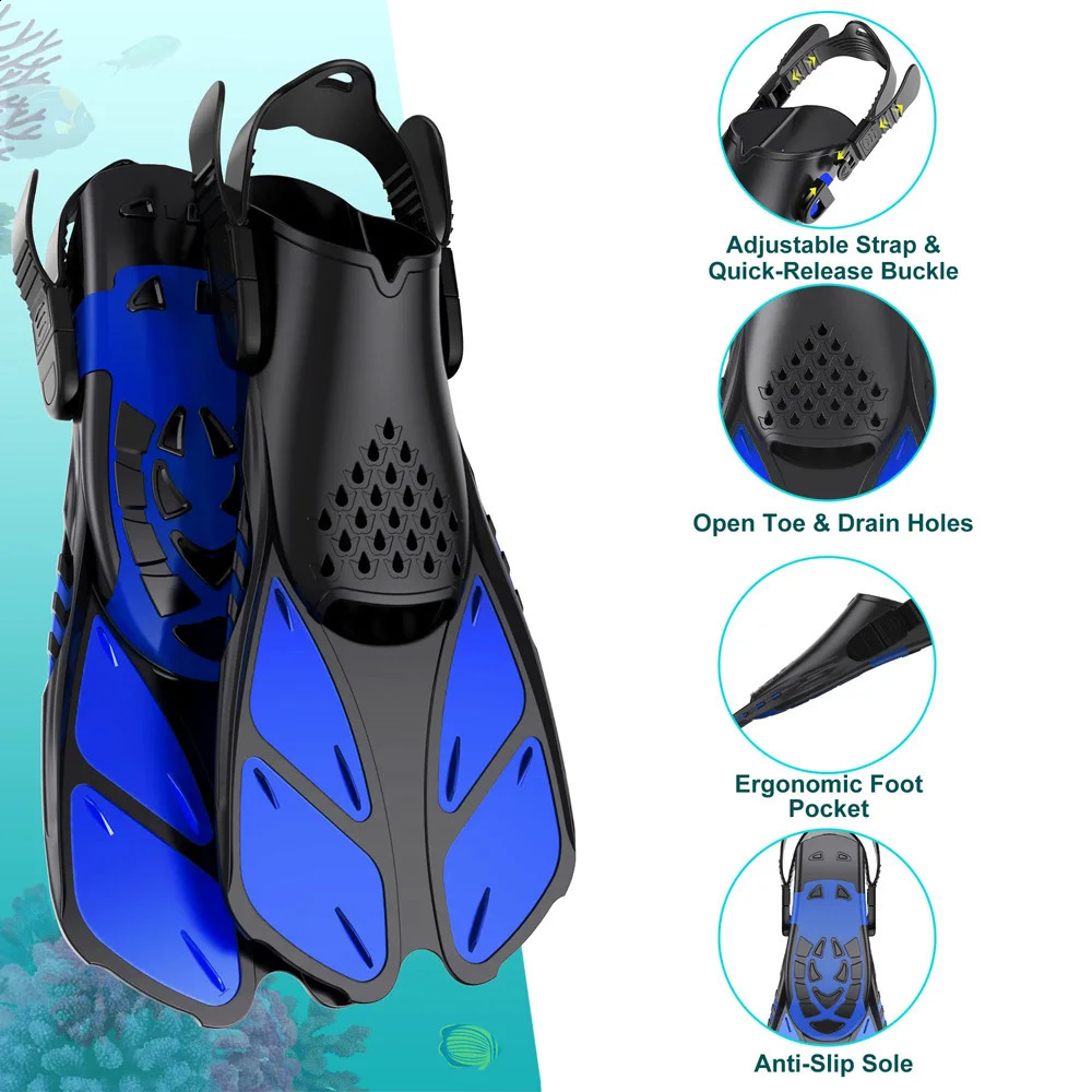 Snorkel Fins Adjustable Buckles Swimming Flippers Short Silicone Scuba Diving Shoes Open Heel Travel Size Adult Men Womens 250411