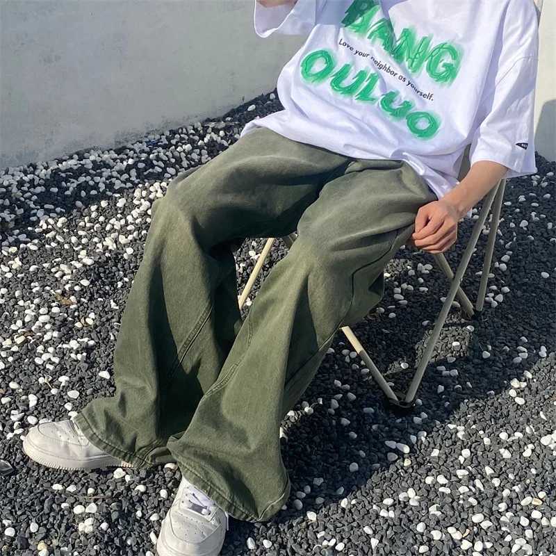 Green jeans loose retro denim mens wide leg pants mens streetwear retro oversized casual hip-hop W250412