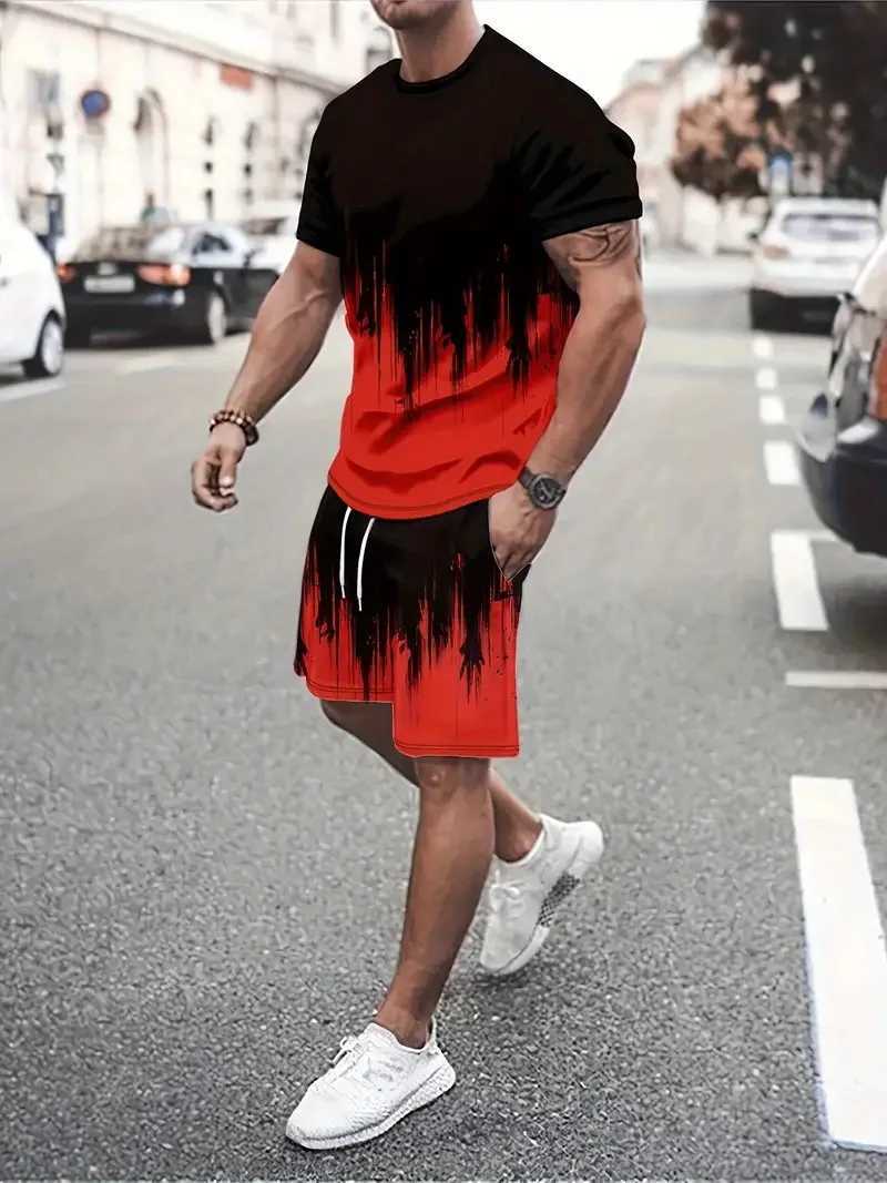 Fashion tie dye pattern mens two-piece summer 3D printed short sleeved T-shirt and short street trend mens set 6XL largeXJ250412
