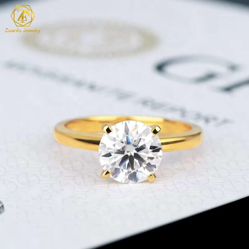 Wholesale Price S925 4 Prong Wedding Ring Yellow Gold Plated 925 Sterling Silver 2CT 8MM Round Moissanite Solitaire Ring