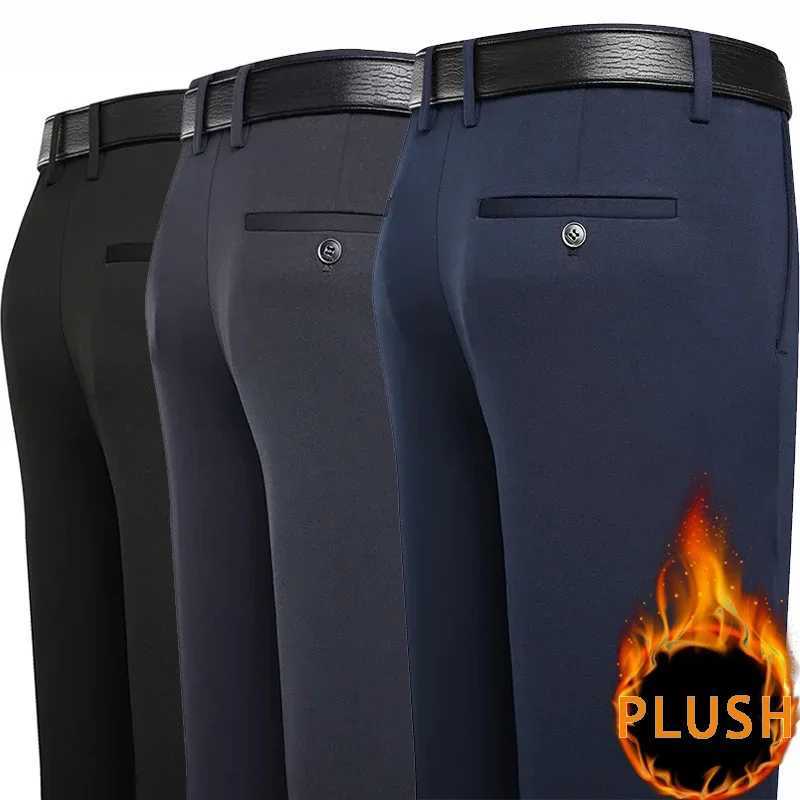 2024 Autumn Winter Mens Thick Warm Wool Pants Plush Intelligent Leisure Set Loose Straight Navy Blue Black Pants W250411