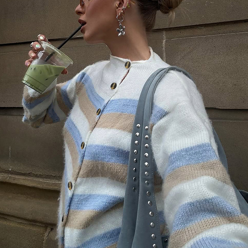 Women's autumn and winter clothing, women's casual style, fitted round neck fashionable sweater, colorful striped front asymmetrical design 