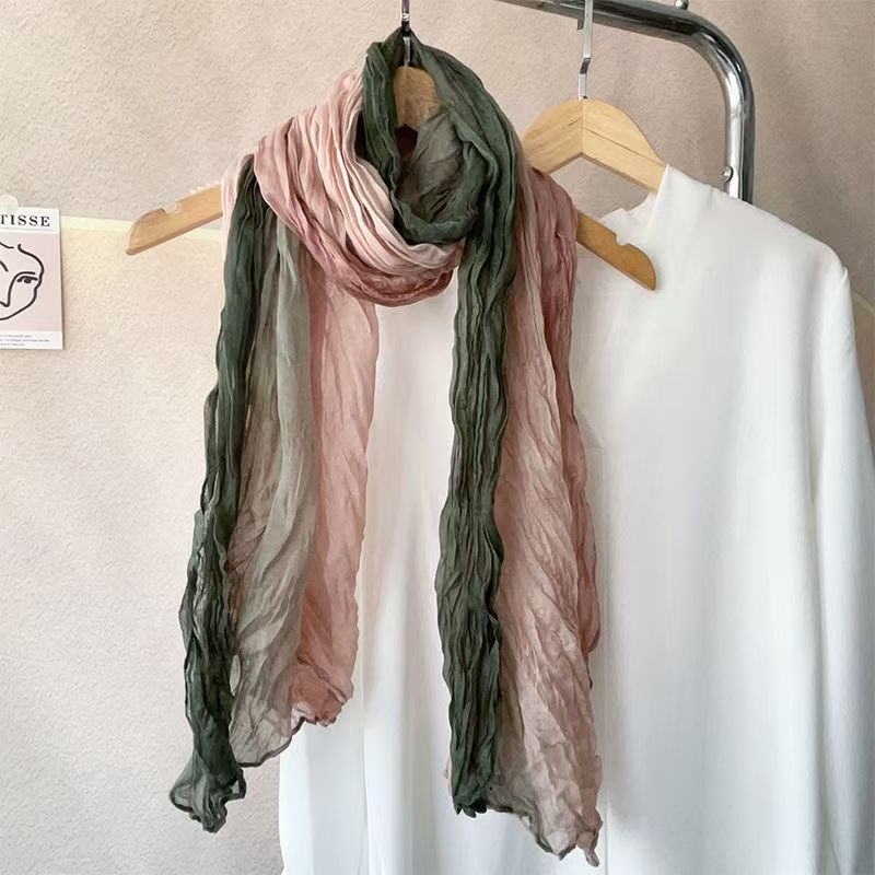 T461 autumn 2025 new cotton and linen thin scarf female retro gradient long shawl literary pleated warm neck scarf